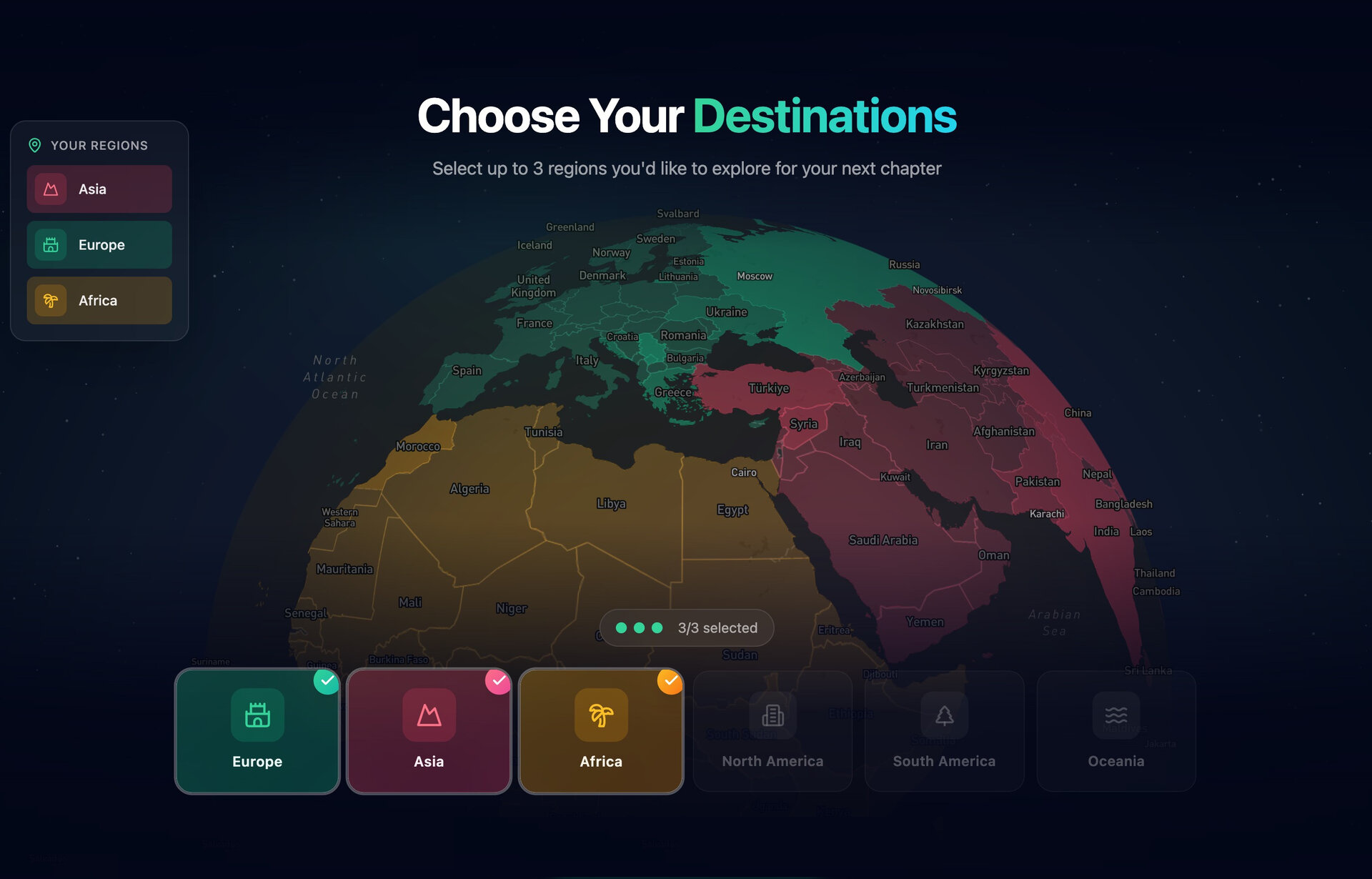 Nestfainder region selection interface showing a world map with selectable regions